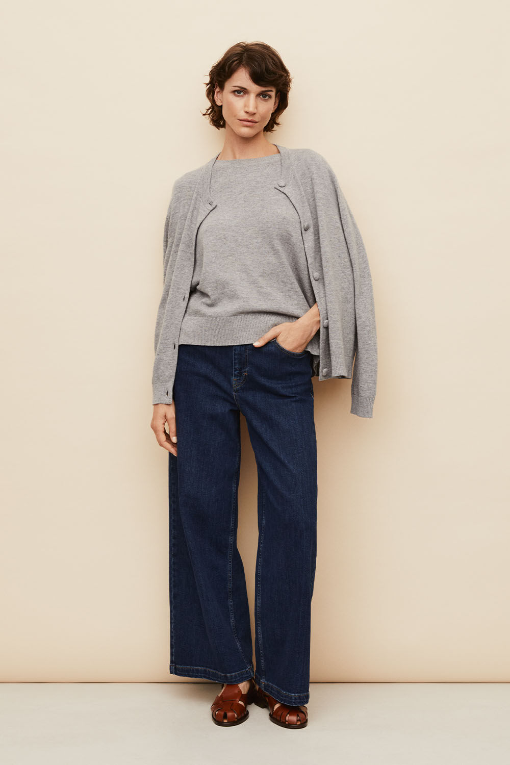 Leanna Cardigan - M. Grey mel., Fallan Jumper - M. Grey mel., Passang Denim Trousers - Dark Denim