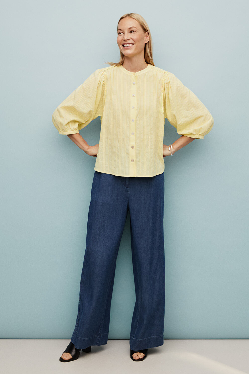 Ithara Shirt - Lemonade, Ryselle Bracelet - Silver, Pelyra Denim Trousers - Washed denim