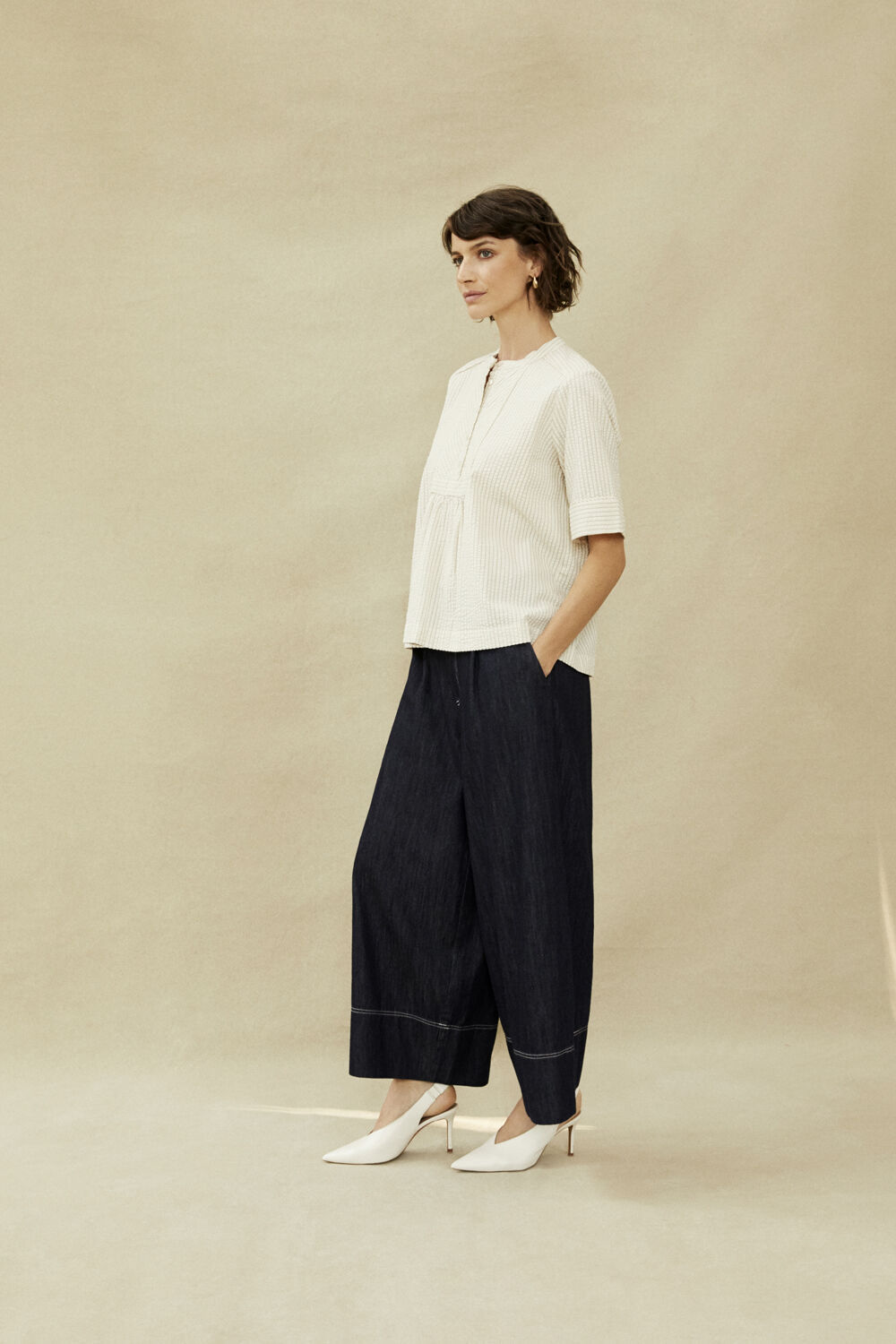 Beyora Top - Olivine, Parriq Denim Trousers - Dark Denim