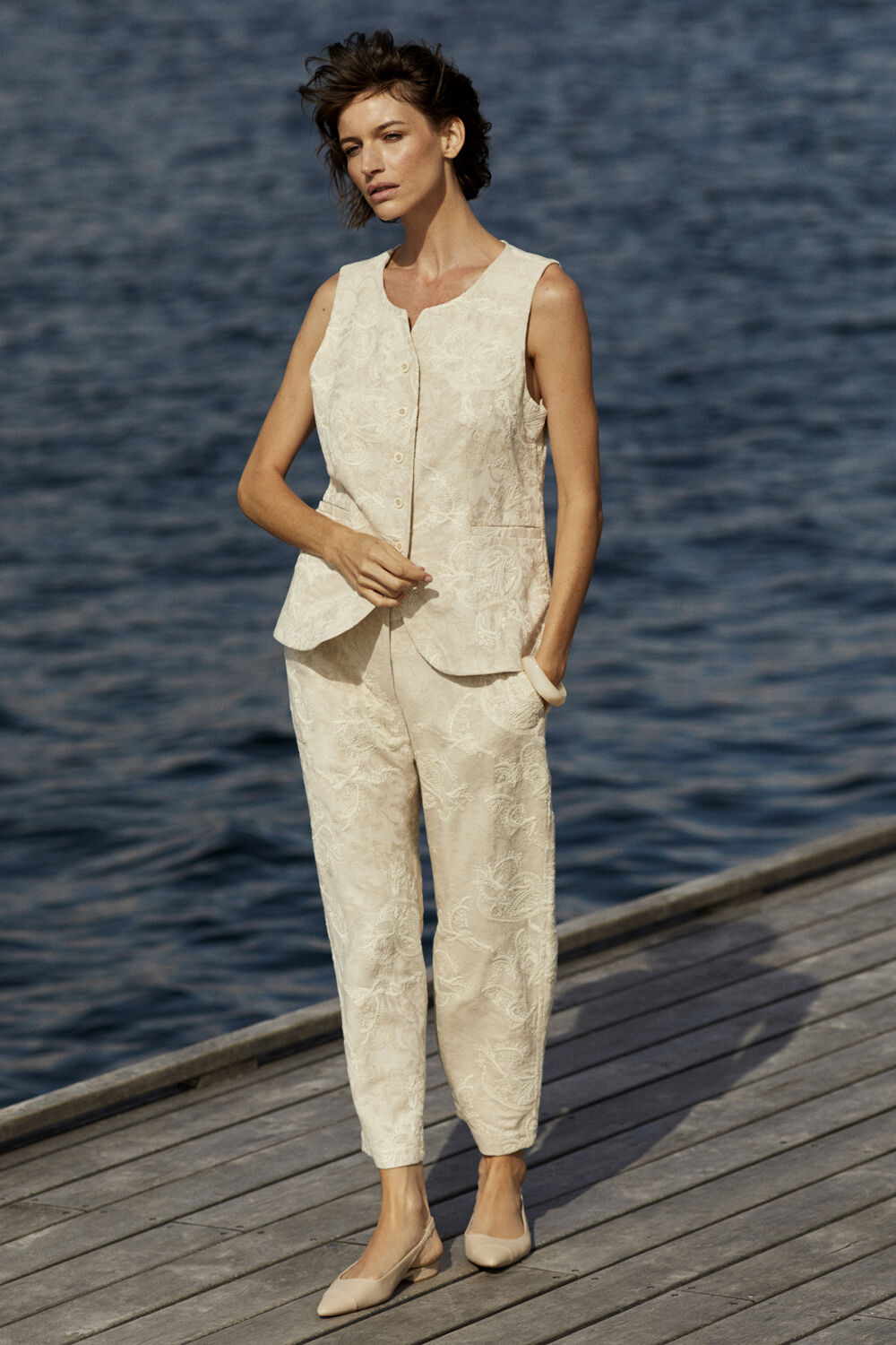 Jorvienne Waistcoat - Natural, Paelith Trousers - Natural, Raveira Bracelet - Fog