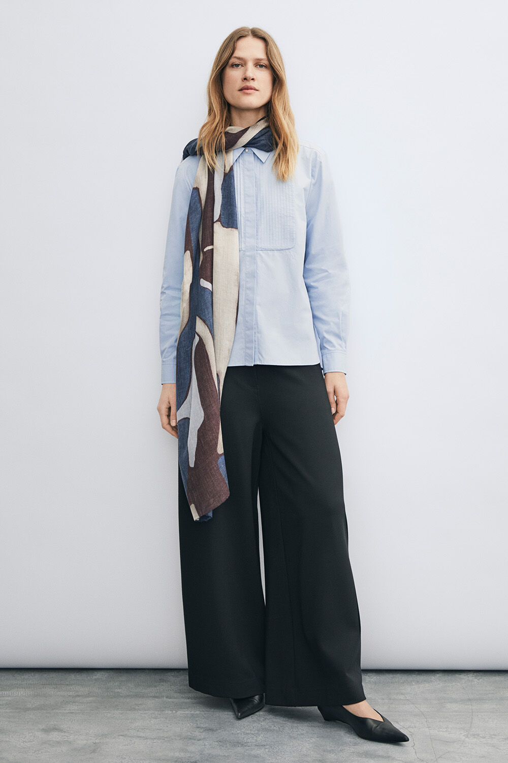 Irionisa Shirt - Serenity, Passang Denim Trousers - Dark Denim, Ayla Scarf - Chocolate Plum