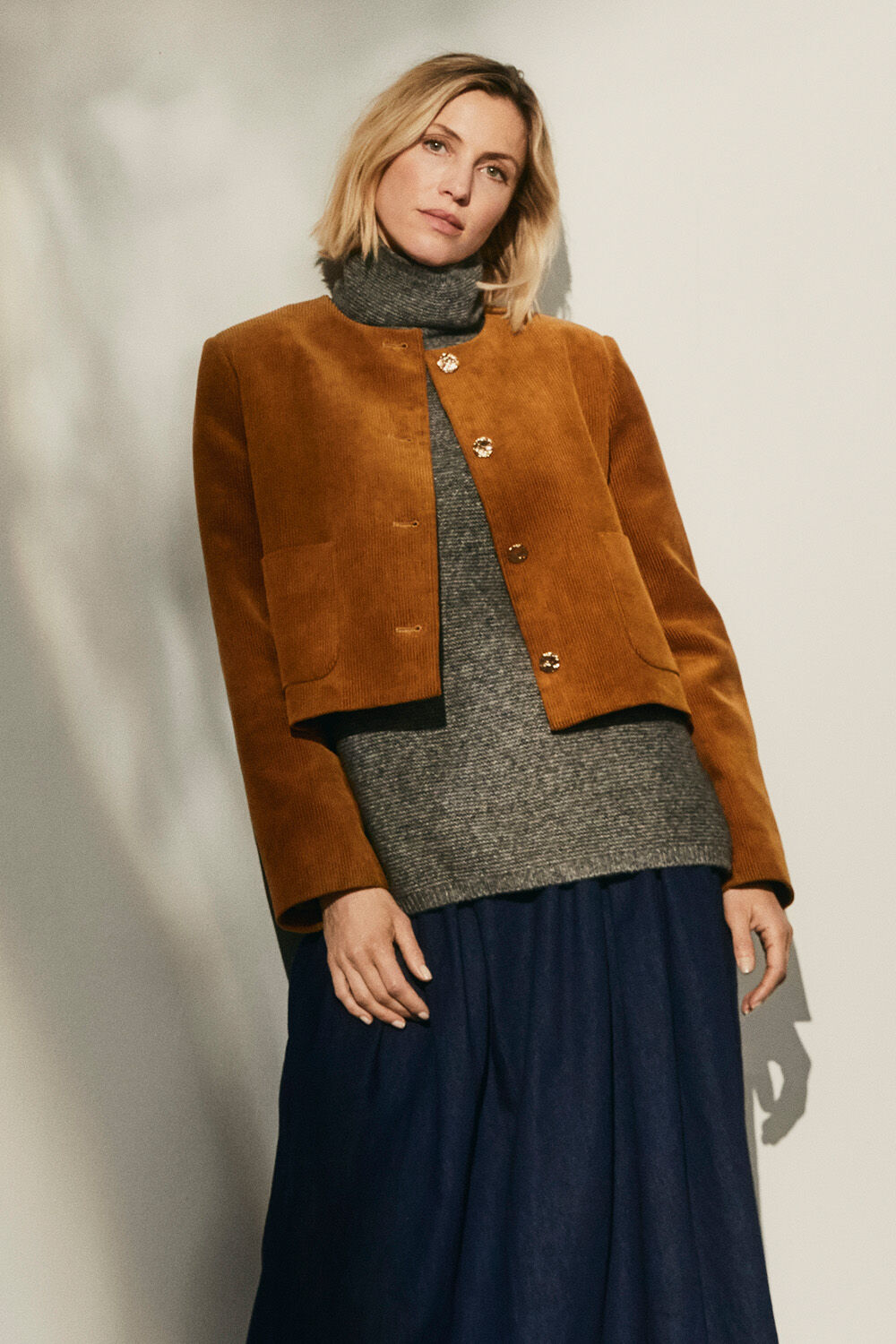 Janyra Jacket - Medal Bronze, Faylin Wool Jumper - M. Grey mel., Svanna Denim Skirt - Raw Denim