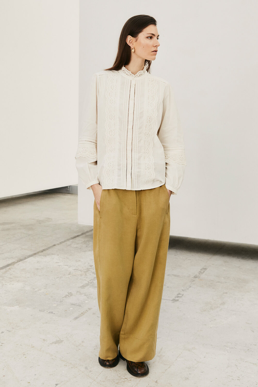 Ithyra Shirt - Jet Stream, Porine Trousers - Fennel Seed, Rivuna Earrings - Gold