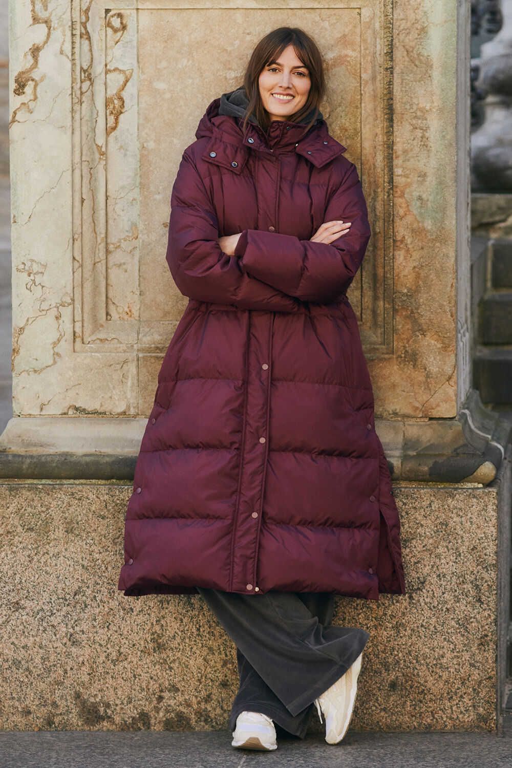 Tarlene Down Coat - Fig, Danila Jersey Top - Grey Pin, Panira jersey trousers - Grey Pin