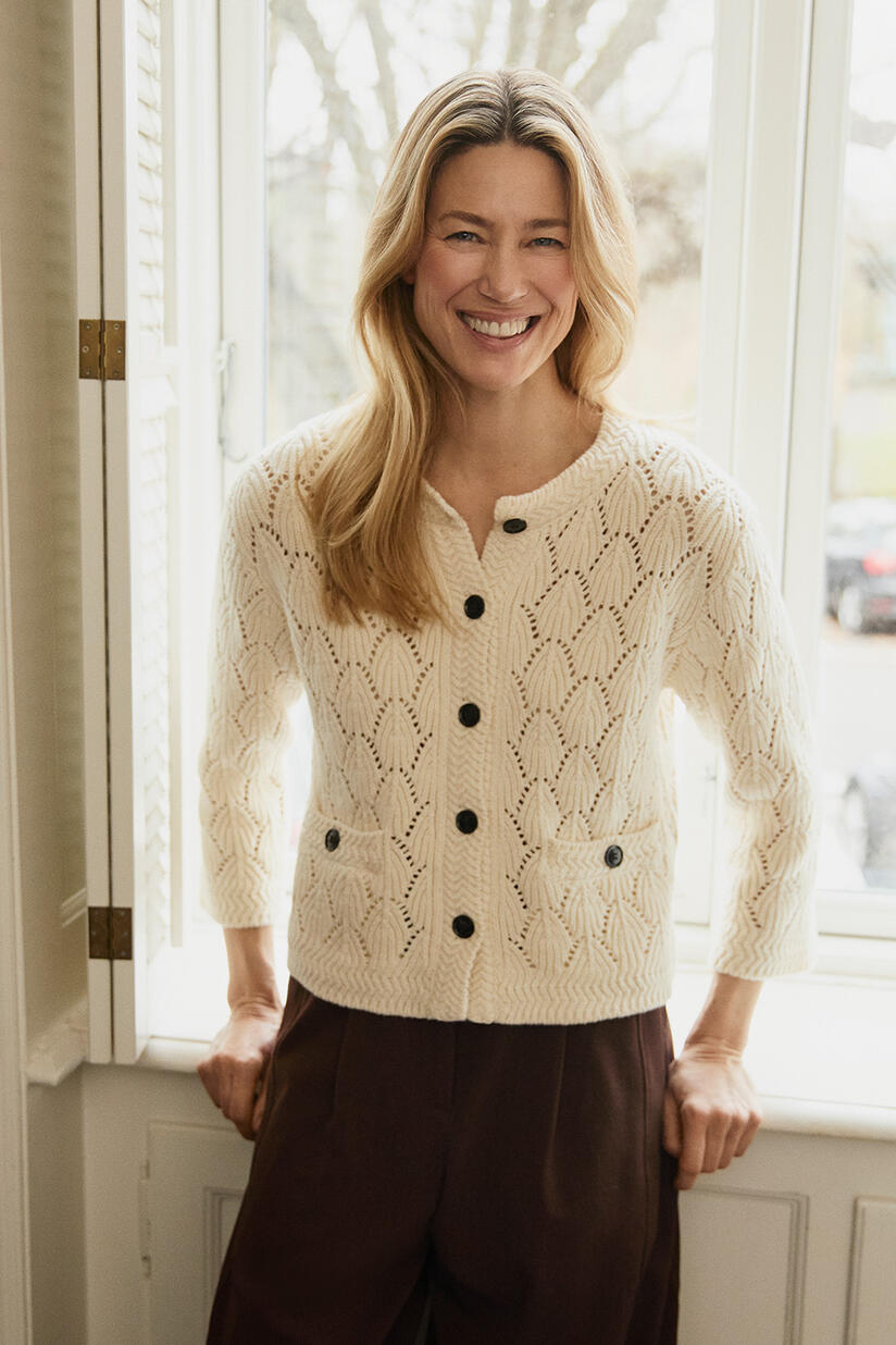 Lexina Cardigan - Whitecap, Punna Trousers - Sh. Chocolate