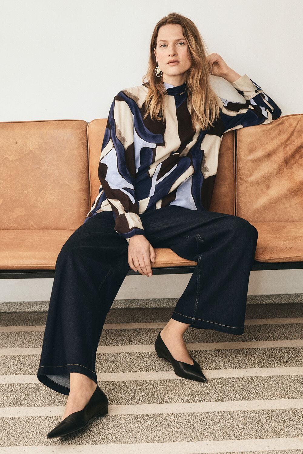 Bahar Top - Navy Blazer, Passang Denim Trousers - Dark Denim, Roxana Earrings - Chocolate Plum