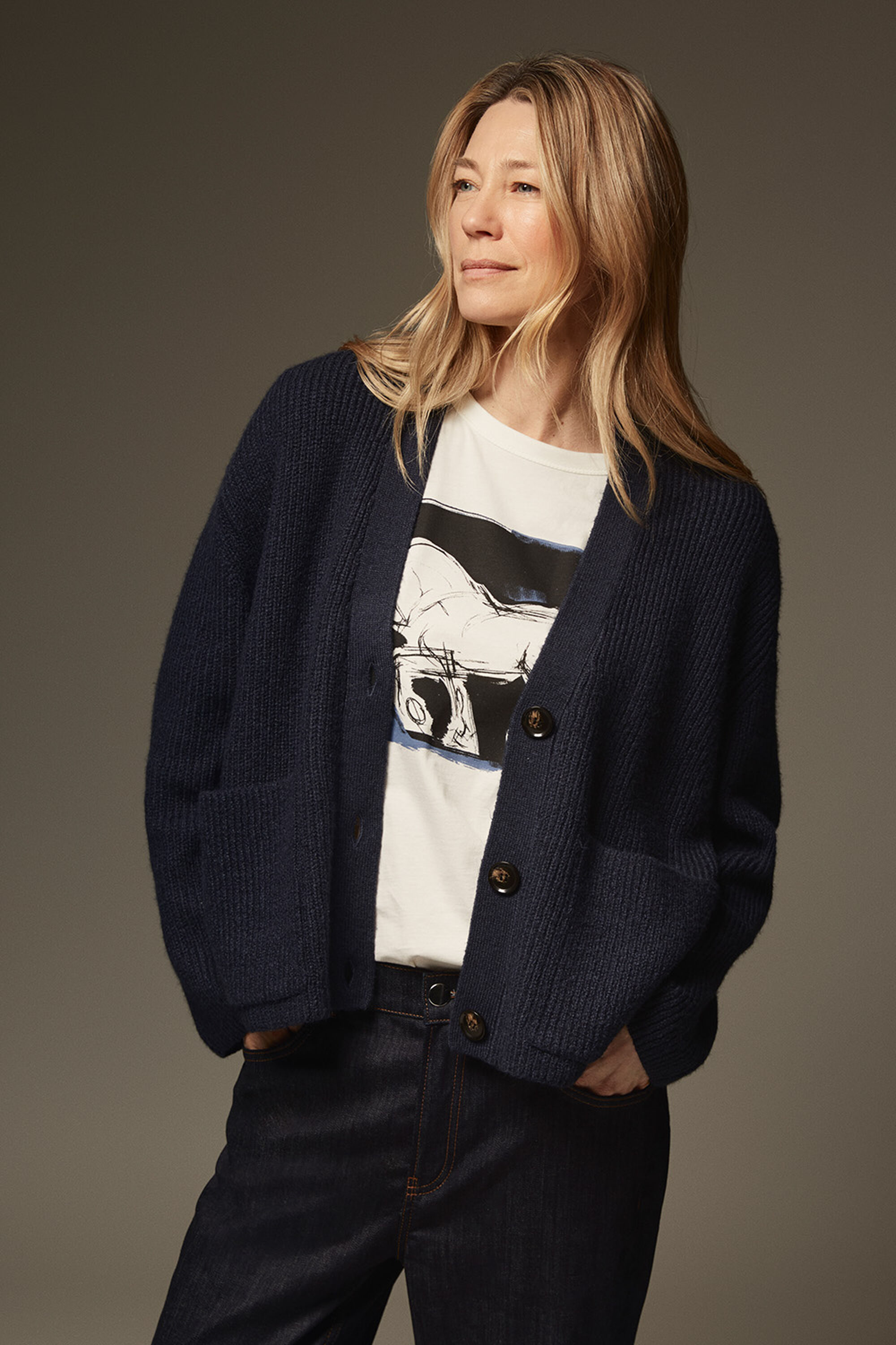 Lexie Cardigan - Navy Blazer, Doreann JERSEY Top - Jet Stream, Palvessa Denim Trousers - Dark Denim