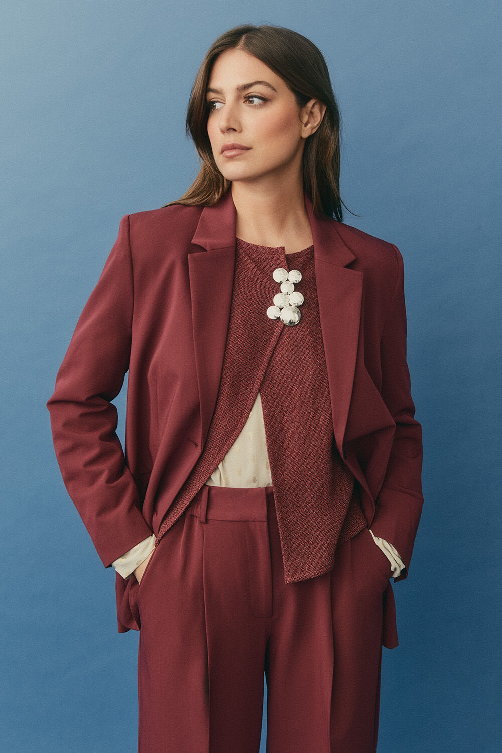 Jax Blazer - Tawny Port, Julitta Jacket - Tawny Port, Rouvar Brooch - Silver, Dornessa Blouse - Oxford Tan, Pryscian Trousers - Tawny Port